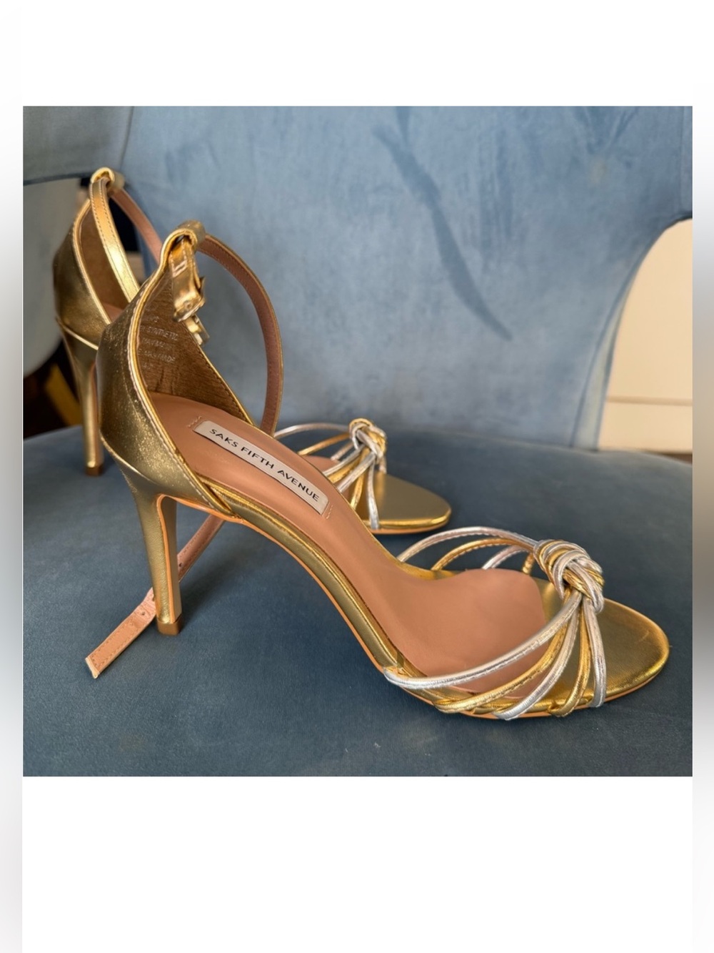 BRAND NEW Saks Fifth Avenue Metallic Gold & Silver shoes Heels size 7 37 strappy